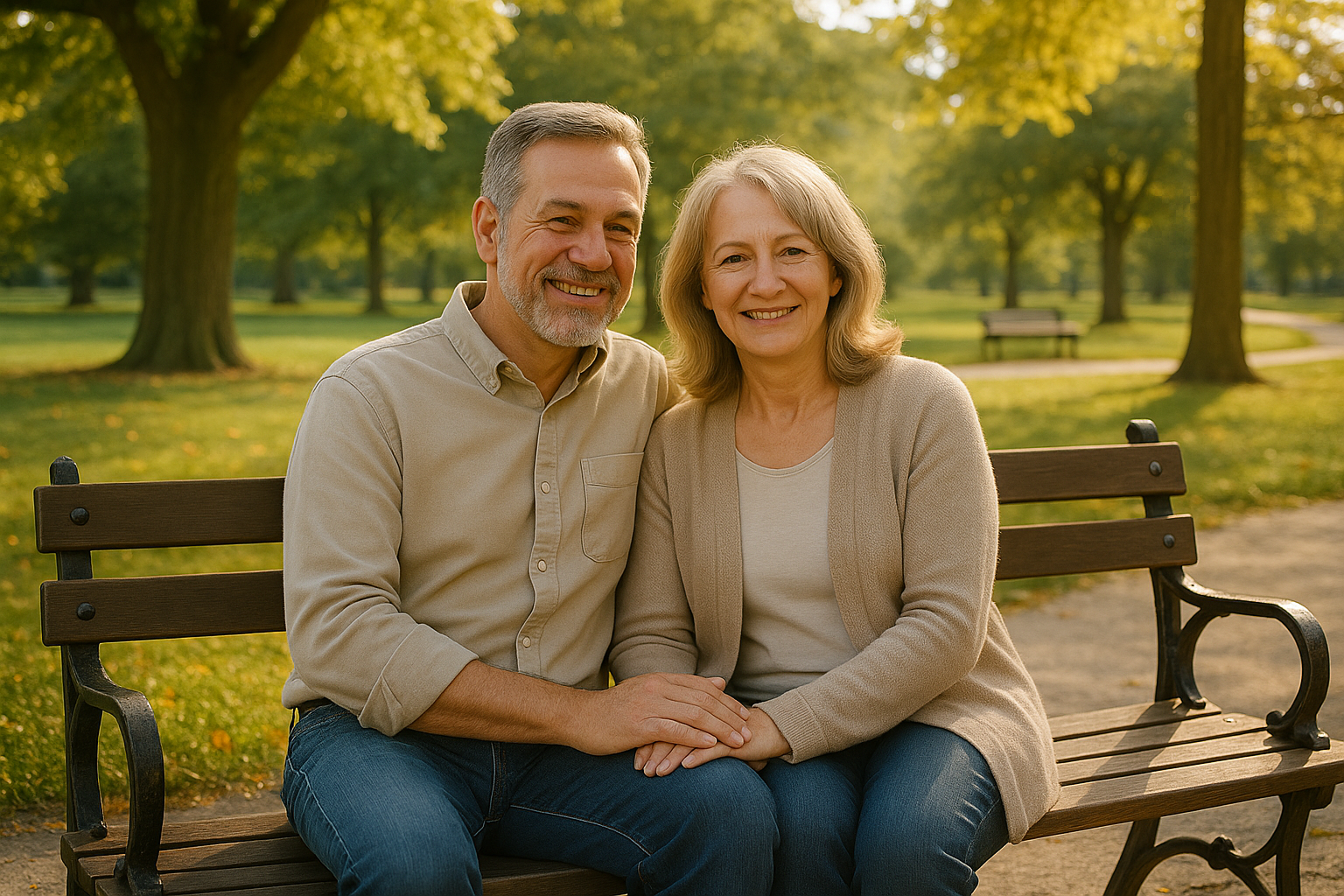 A picture of a couple seating at the park