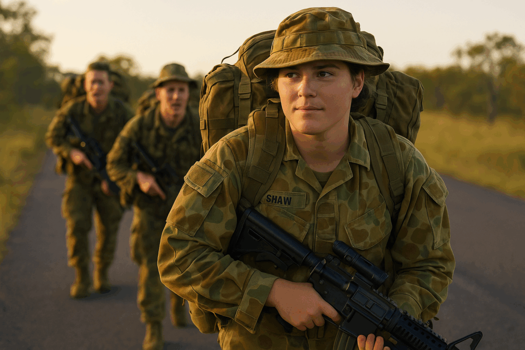 A picture of soldiers in line with a gun wearing their bags for a mission