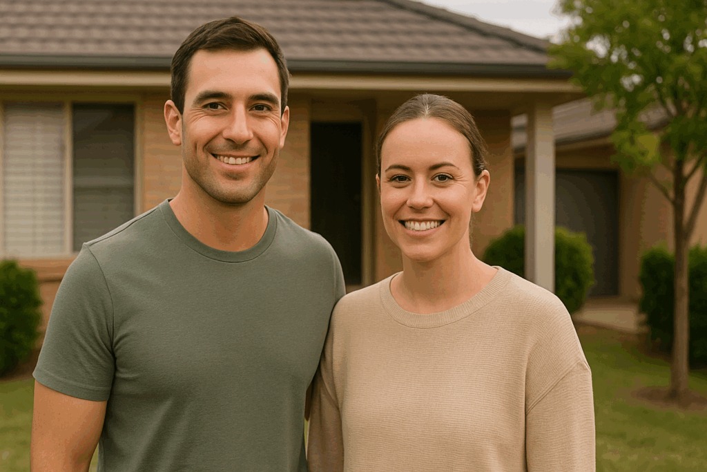 A picture of a couple outside their house