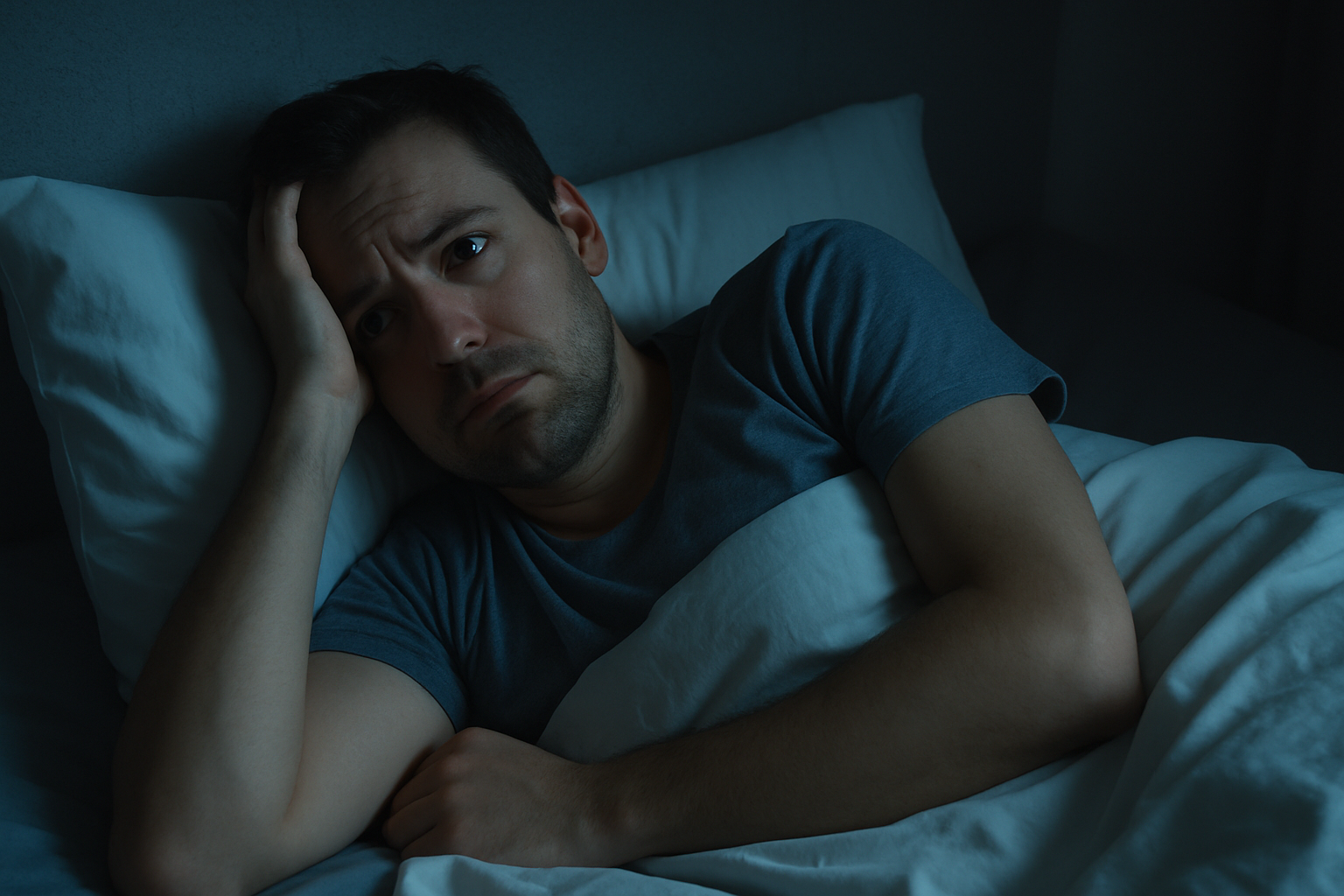 A picture of a man thinking while laying on his bed worried