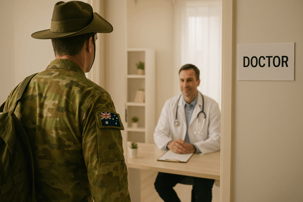 A picture of an army approaching towards a doctor asking for medical help