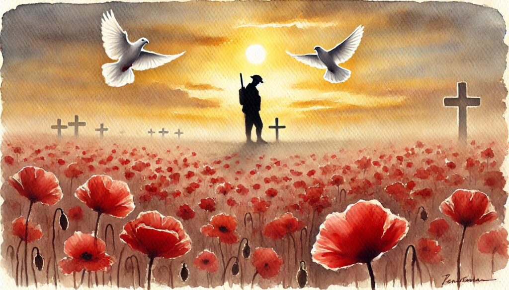 A watercolour painting symbolizing Remembrance Day, featuring a vast field of red poppies under a soft, golden sunrise with a man by a grave.