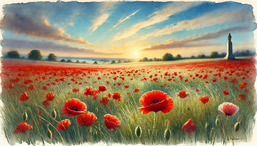 The painting shows a soldier standing in a poppy field. It represents remembering Australian veterans on Remembrance Day.
