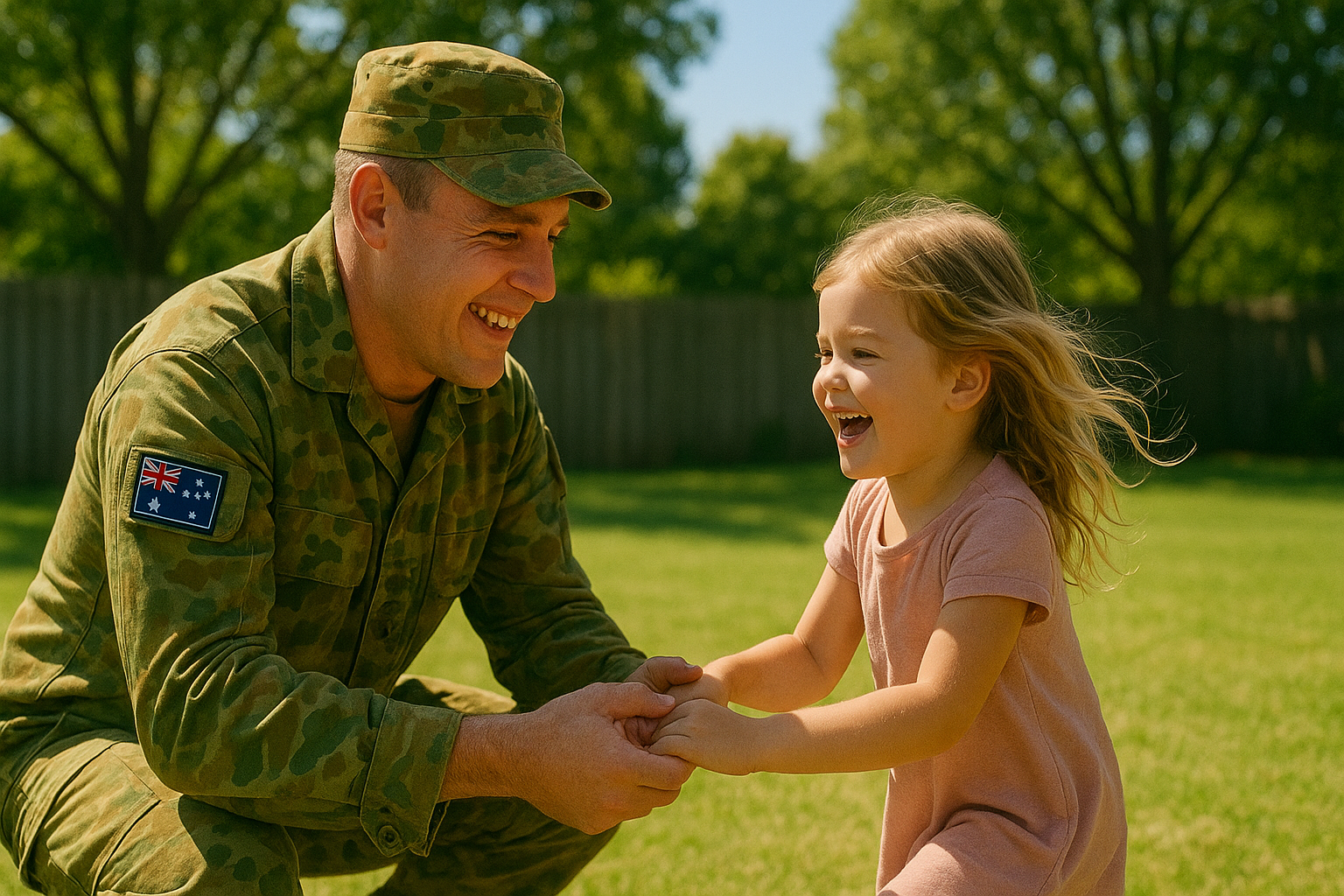 A picture of a soldier playing with his daughter