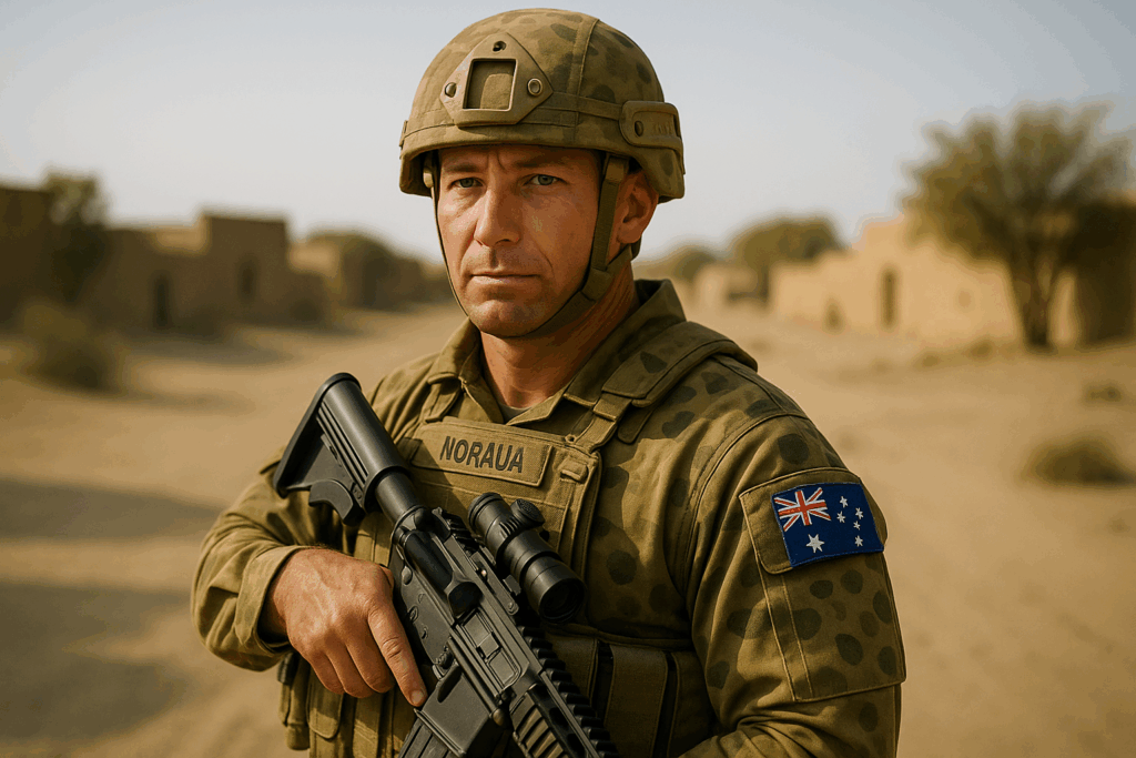 A picture of a soldier wearing his uniform holding a gun