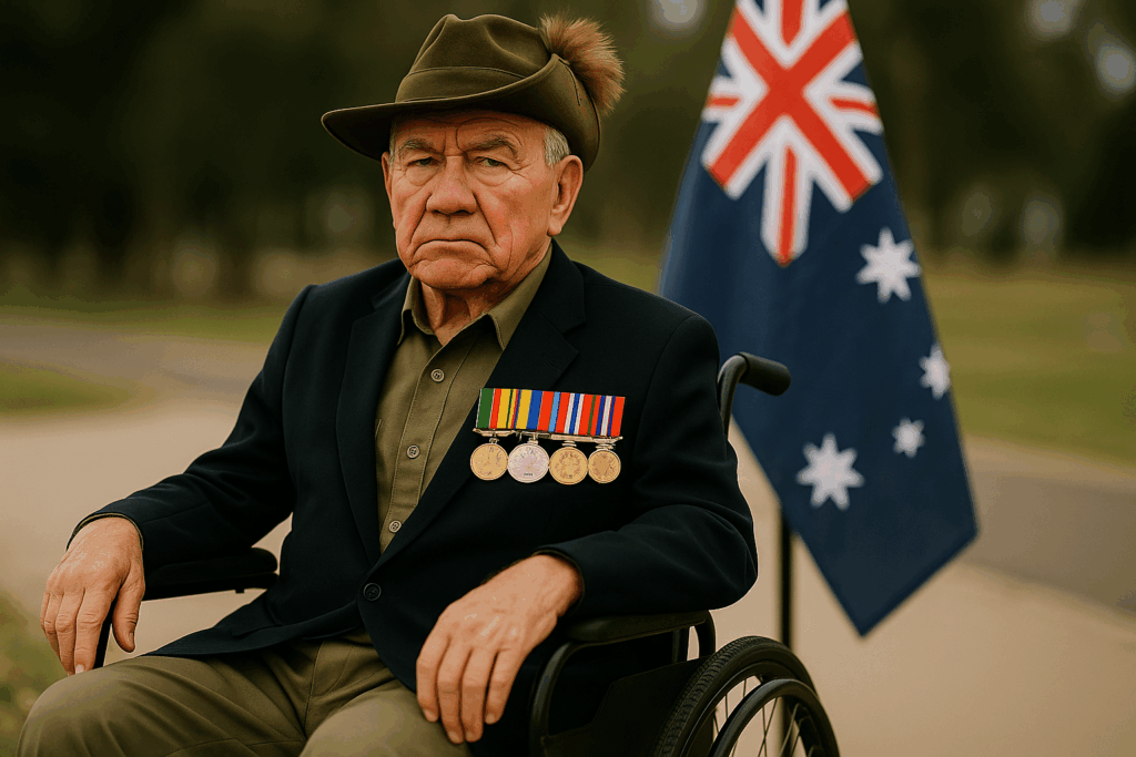 A picture of a high official in the army industry seating on a wheel chair