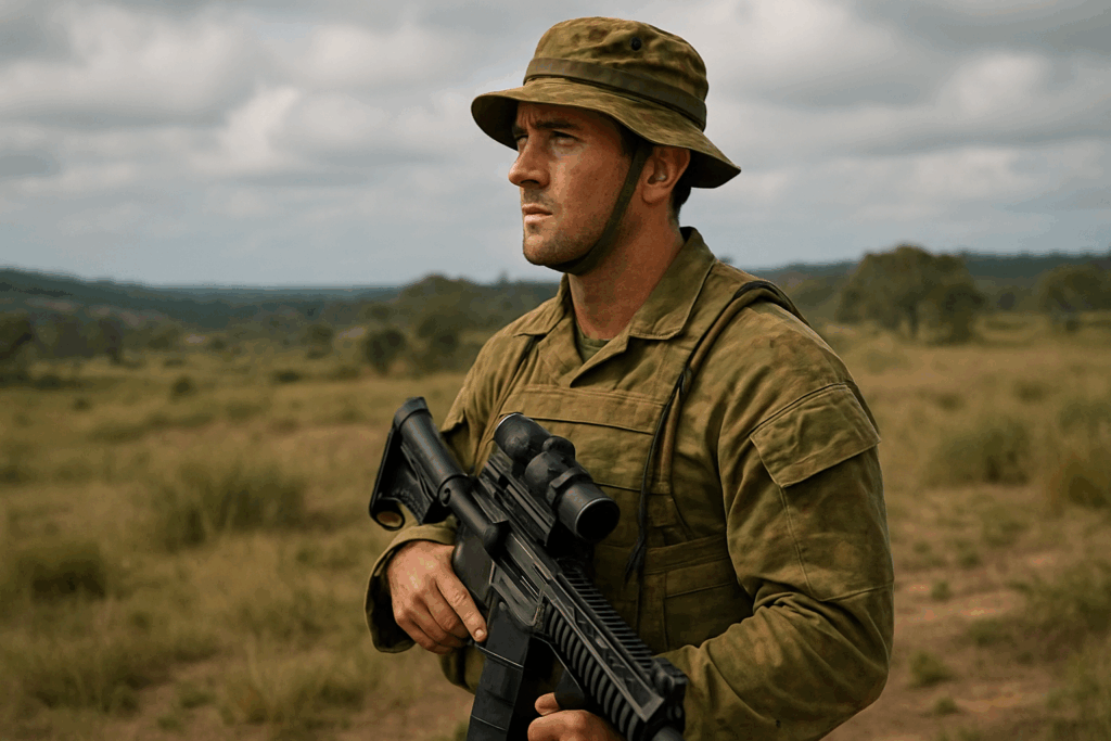A picture of a boy army wearing his uniform and holding a gun