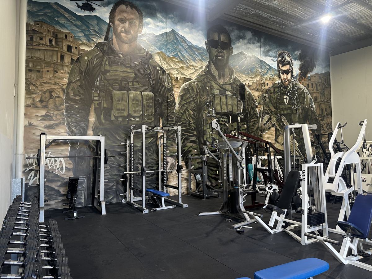 Squat racks and strength equipment under the soldier mural in the Wellness Hub